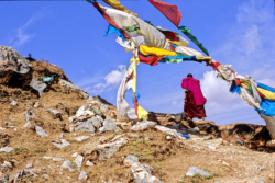 Moine de l'est du Tibet effectuant la khora du grand monastère gelukpa de Ganden.